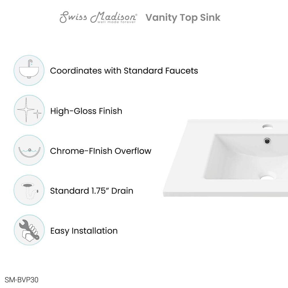 30" White Ceramic Vanity Sink Top
