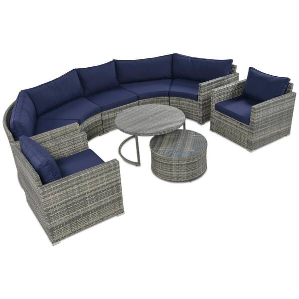 Gray 9-Piece Wicker Half-moon Outdoor Sectional Set, Modern