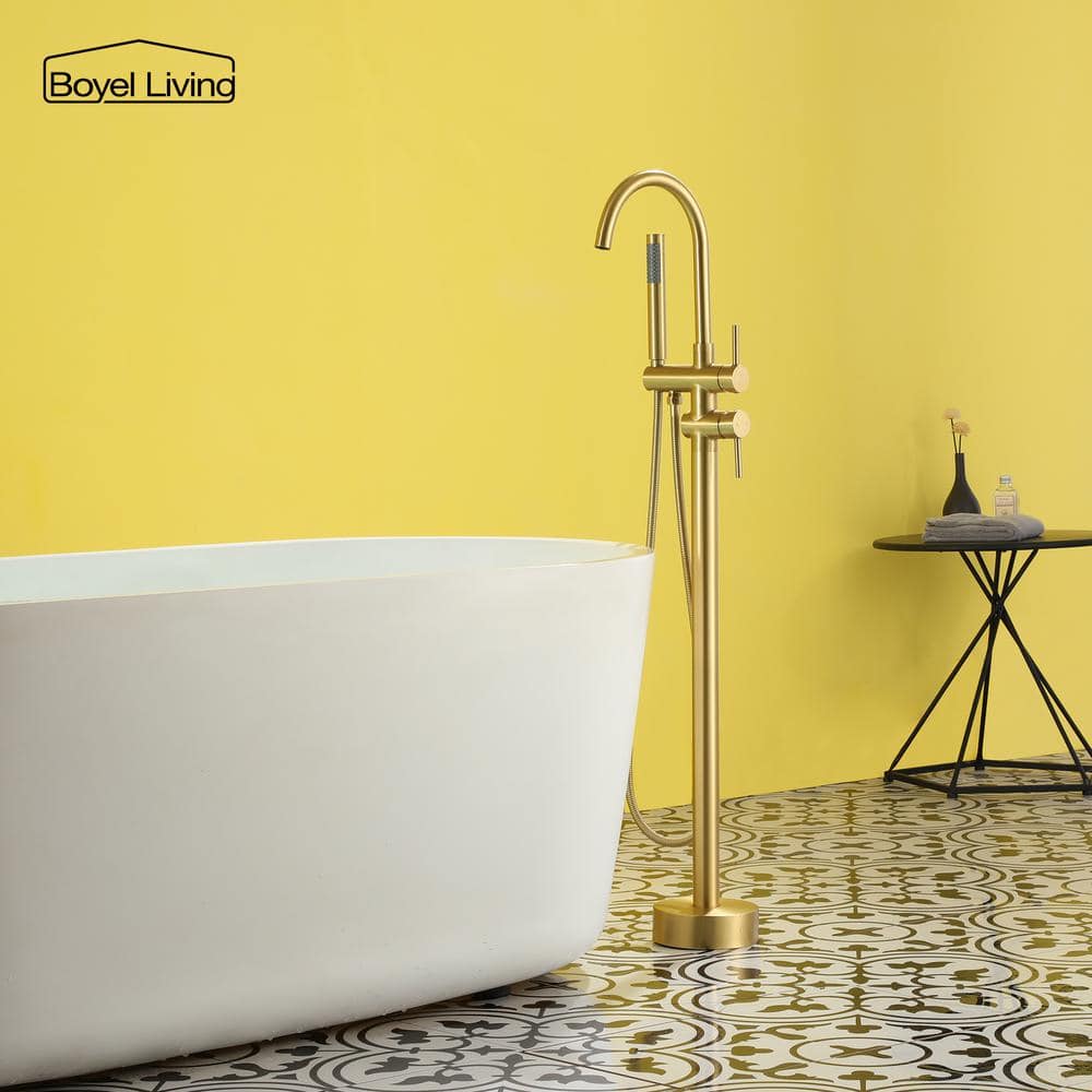 Brushed Gold Double Handle Floor Mount Tub Filler