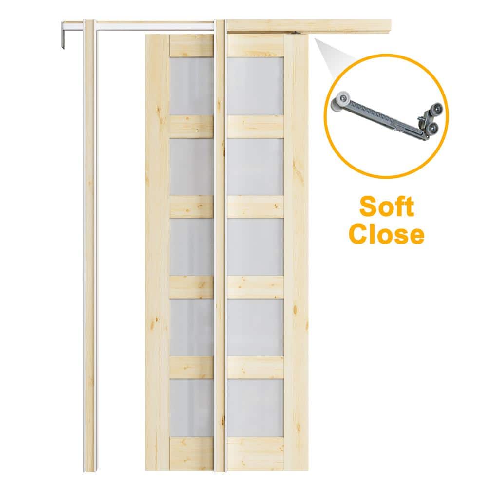 32 in. x 80 in. 5-Lite Frosted Glass Unfinished Door Solid Core Pine Pocket Door Frame and Hardware (Soft Close Incl) price history on PriceWatchPro