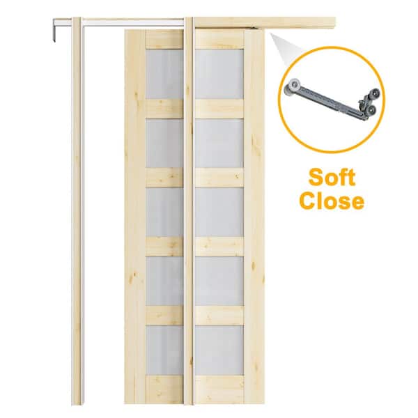 ARK DESIGN 24 in. x 80 in. 5-Lite Frosted Glass Unfinished Door Solid Core Pine Pocket Door Frame and Hardware (Soft Close Incl)