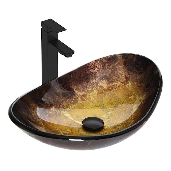 21.7 in. Vessel Bathroom Sink 6.3 in. Gold-Brown Boat Shape with Matte Black Faucet and Pop-up Drain Set for Bathroom