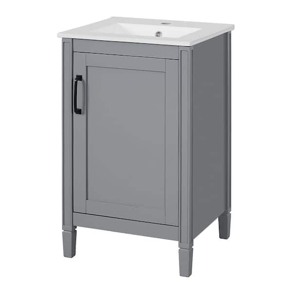 20 in. Single Sink Freestanding Gray Bath Vanity with White Ceramic Top, U-Shaped Shelf, Door Racks, Soft Close Door