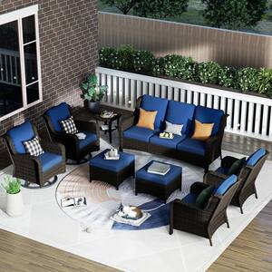 Erie Lake Brown 8-Piece Wicker Patio Conversation Seating Sofa Set with Navy Blue Cushions and Swivel Rocking Chairs