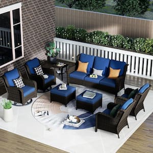 Erie Lake Brown 8-Piece Wicker Patio Conversation Seating Sofa Set with Navy Blue Cushions and Swivel Rocking Chairs