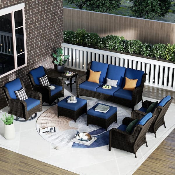 XIZZI Erie Lake Brown 8-Piece Wicker Patio Conversation Seating Sofa Set with Navy Blue Cushions and Swivel Rocking Chairs