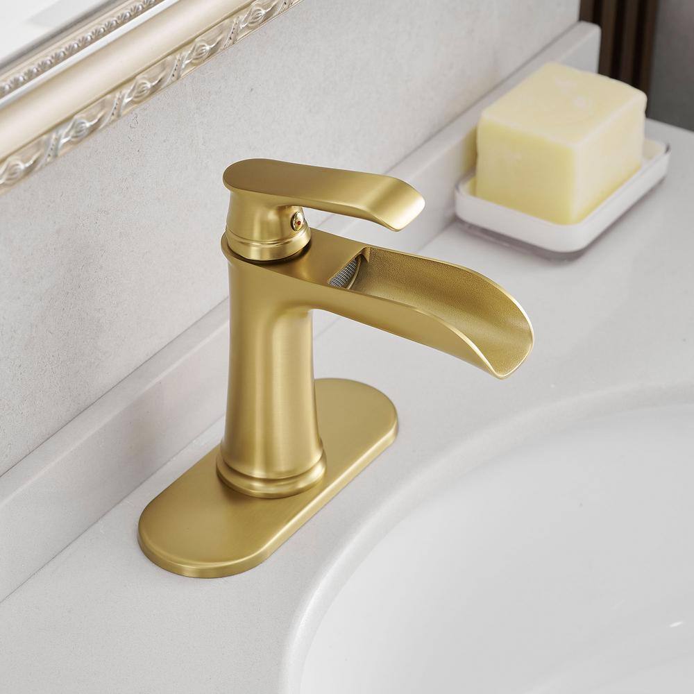 Brushed Gold Brass Single Handle Waterfall Bathroom Faucet