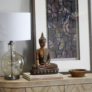 Brown Polystone Meditating Buddha Sculpture with Engraved Carvings and Relief Detailing