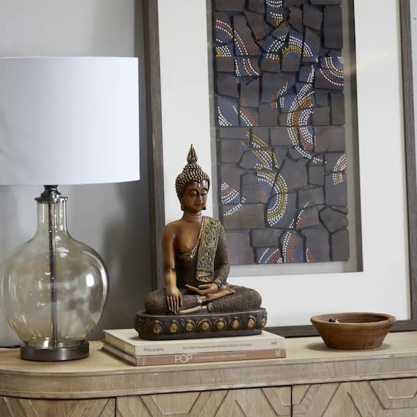 Litton Lane Brown Polystone Meditating Buddha Sculpture with Engraved Carvings and Relief Detailing