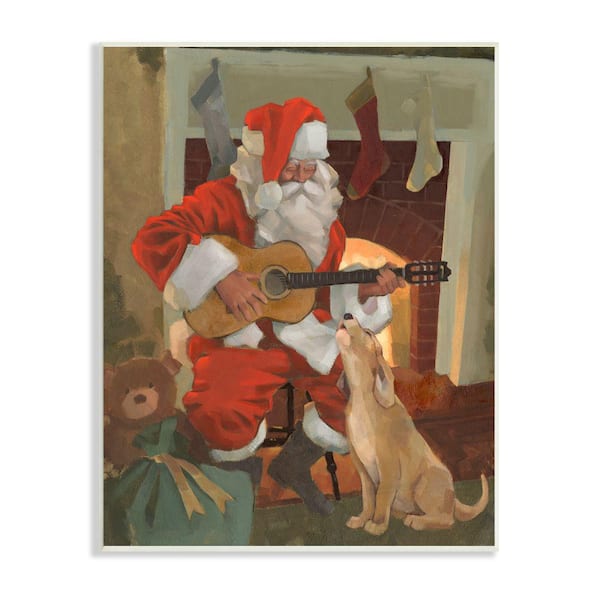 Stupell Industries "Santa Clause Playing Guitar Family Dog Singing" by Jacob Green Unframed People Wood Wall Art Print 13 in. x 19 in.