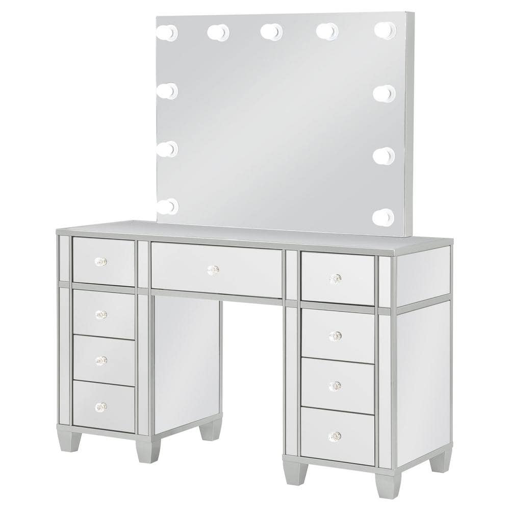Allora Silver Mirrored Vanity Set with Bench and Hollywood Lighting