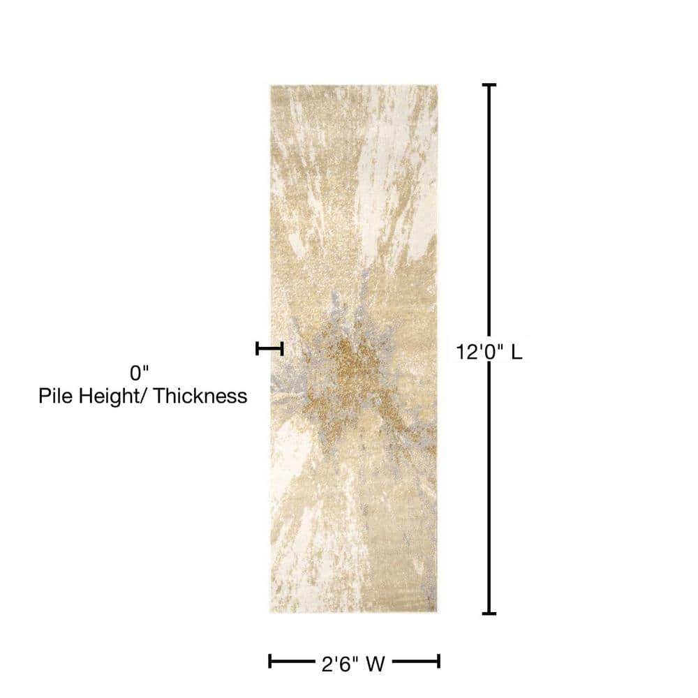 Gold and Ivory Abstract Synthetic Runner Rug, 2' 6" x 12'