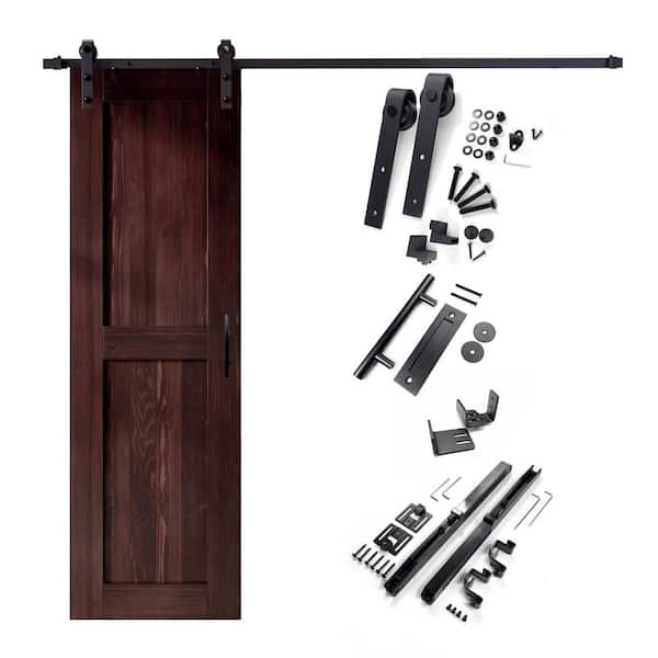HOMACER 24 in. x 84 in. H-Frame Red Mahogany Solid Pine Wood Interior Sliding Barn Door with Hardware Kit Non-Bypass