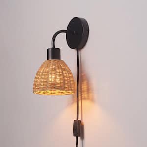 1-Light Matte Black Plug-In or Hardwire Wall Sconce with Rattan Shade, 6 ft. Black Cord, In-Line On/Off Rocker Switch