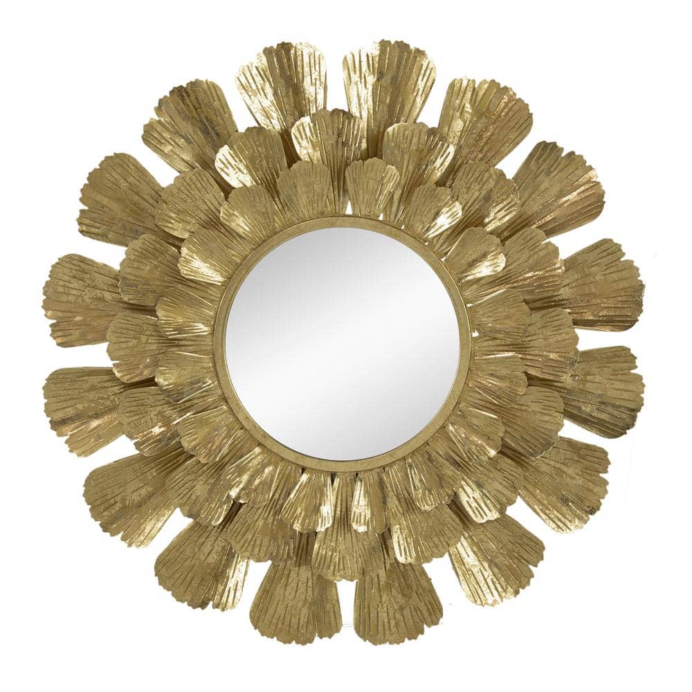 37 in. W x 37 in. H Round Metal Framed Gold Mirror with Trumpet Vine Motif