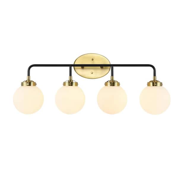 Caleb 30.75 in. 4-Light Contemporary Transitional Iron/Glass LED Vanity Light, Brass Gold/Black/White