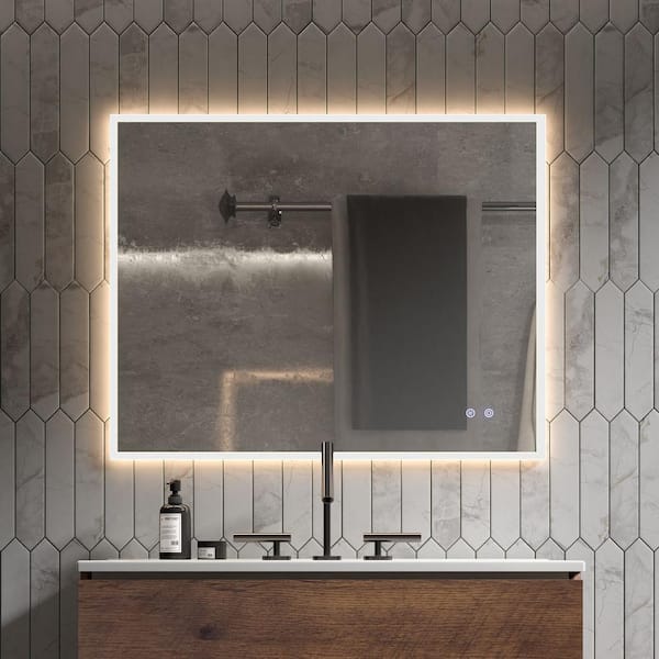 FAMYYT 30 in. W x 24 in. H Rectangular Frameless LED Backlit Light Anti-Fog Wall Bathroom Vanity Mirror in White