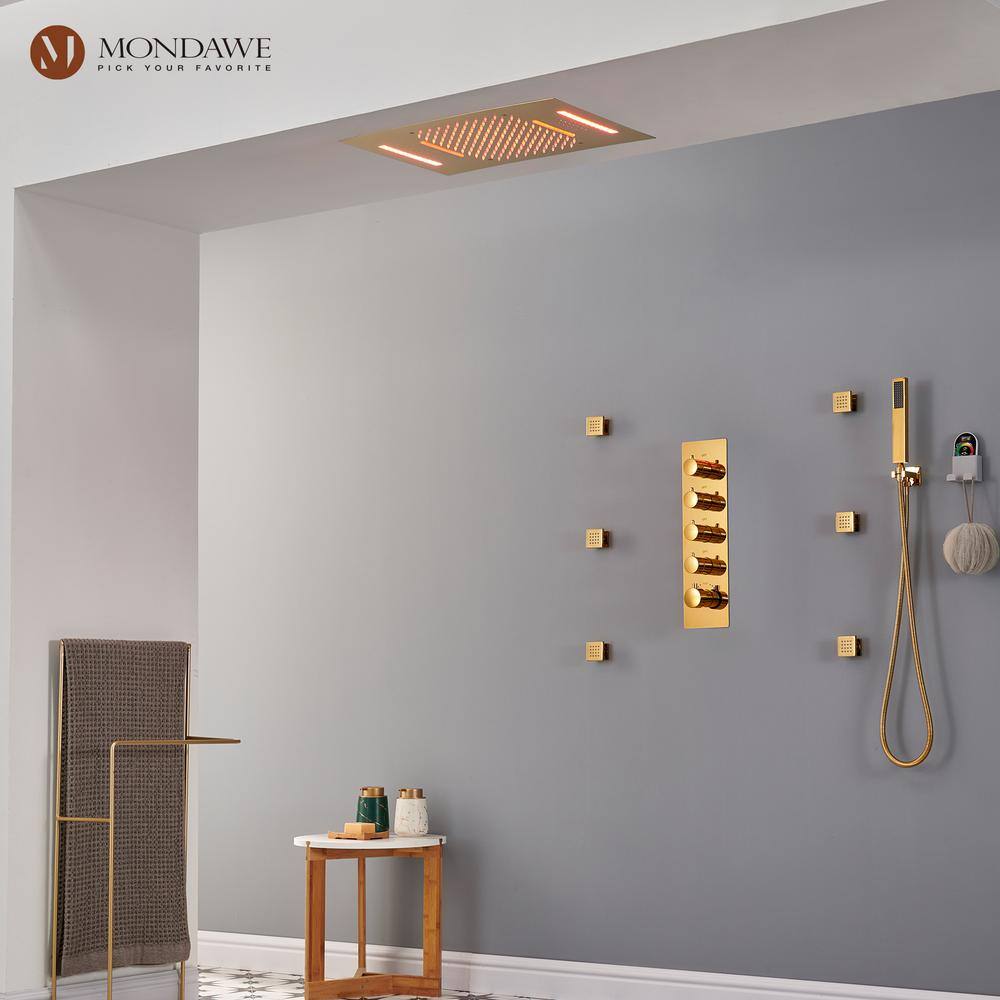 Luxury Gold Ceiling Mounted Dual Shower System with LED and Bluetooth Speaker