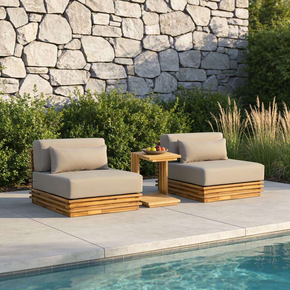 Primrose 3-Piece Acacia Wood Patio Outdoor Conversation Set with Brown+Grey Cushions, Natural Side Table