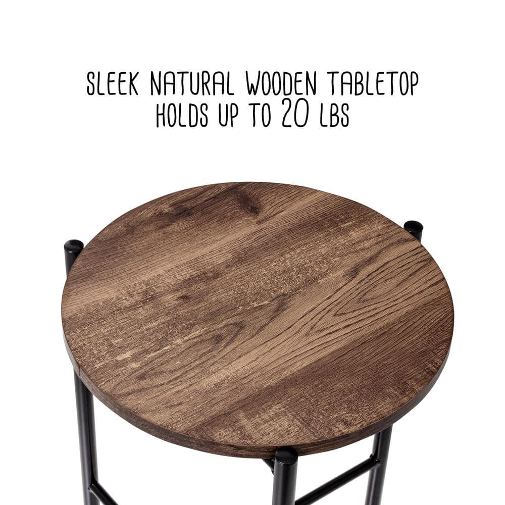Natural Wood and Black Metal Round Side Table