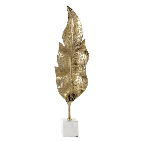 Litton Lane Gold Aluminum Metal Tall Textured Leaf Sculpture with White Marble Base