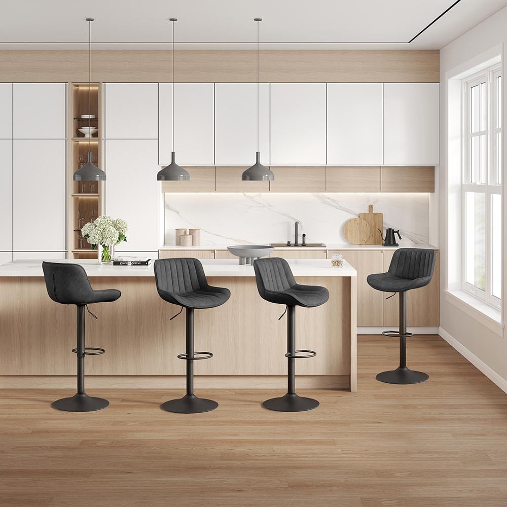 Zouron Adjustable Swivel Bar Stools, Black Faux Leather & Metal