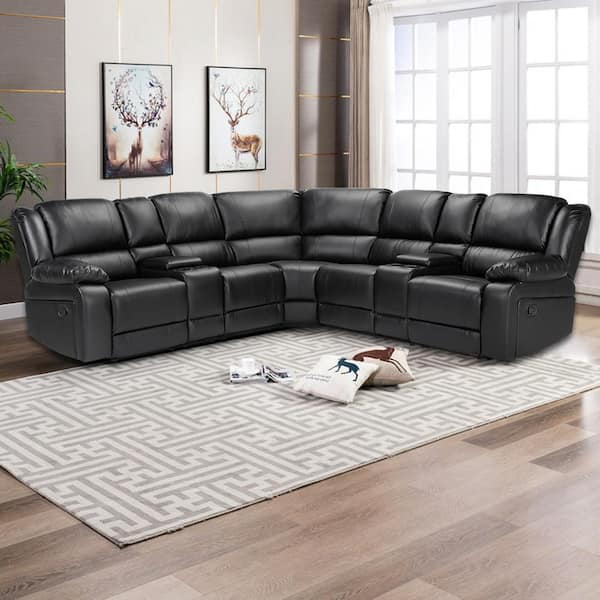 Magic Home 107.5 in. Leather Motion Sofa Living Room Manual Reclining Corner Sectional Sofa with Cup Holder and Coffee Holder,Black