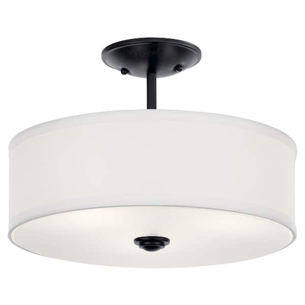 Shailene 14 in. 3-Light Black Round Hallway Transitional Semi-Flush Mount Ceiling Light with Microfiber Shade