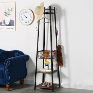 Industrial Coat Rack Freestanding, Brown 2-Clothes Stand with Metal Basket and 2-Shelves, Purse Hanger with 8-Dual Hooks