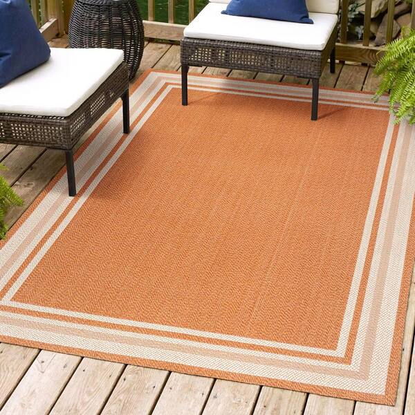 James Modern Border Stripe Orange/Cream 5 ft. x 8 ft. Indoor/Outdoor Area Rug