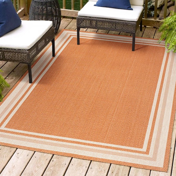 Orange/Cream 8 ft. x 10 ft. James Modern Border Stripe Indoor/Outdoor Area Rug