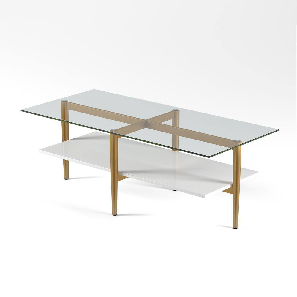 Mid-Century 47" Brass and White Lacquer Coffee Table with Glass Top