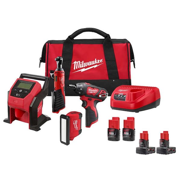 Milwaukee M12 12V Lithium-Ion Cordless Combo Kit (5-Tool) with M12 XC 3.0 Ah Battery Pack (2-Pack)