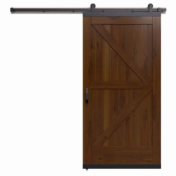 JELD-WEN 36 in. x 80 in. Karona K Design Brown Sugar Stained Rustic Walnut Wood Sliding Barn Door with Hardware Kit