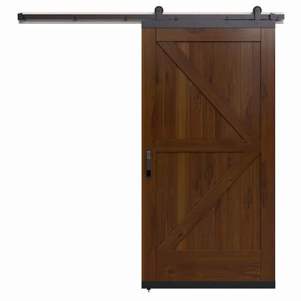 JELD-WEN 42 in. x 80 in. Karona K Design Brown Sugar Stained Rustic Walnut Wood Sliding Barn Door with Hardware Kit