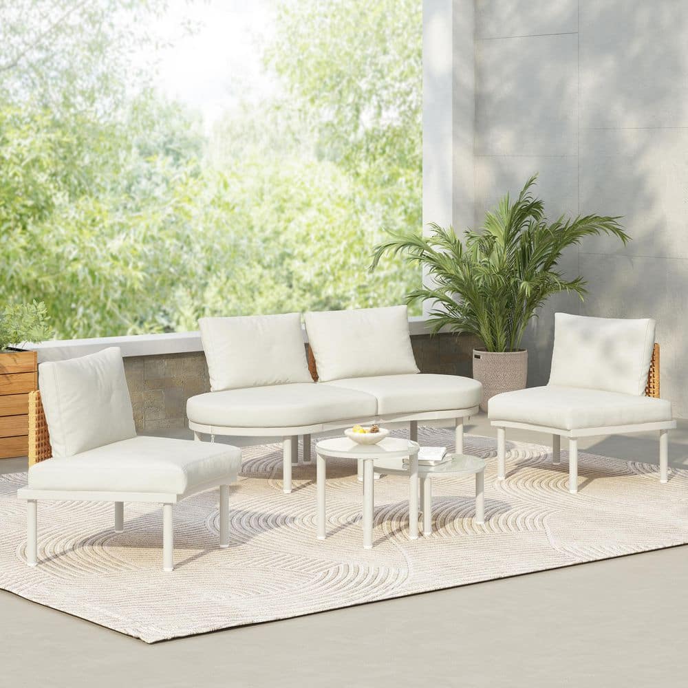 6-Piece PE Wicker Outdoor Sectional Set and 2 High-Low Coffee Tables with B