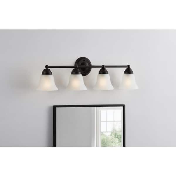 Hampton Bay Ashhurst 32.75 in. 4-Light Oil-Rubbed Bronze Bathroom Vanity Light with Frosted Glass Shades