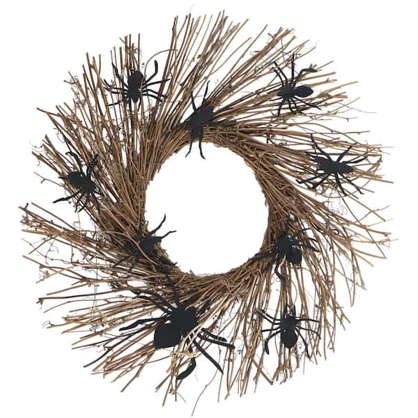 20 in. Battery-Operated Natural Twig Halloween Wreath with LED Lights and Creepy Spiders