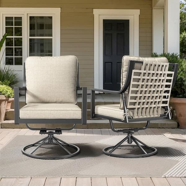 Komodo Swivel and Rocking Black Metal Frame and Gray Wicker Outdoor Rocking Chairs with Olefin Beige Cushions (2-Pack)