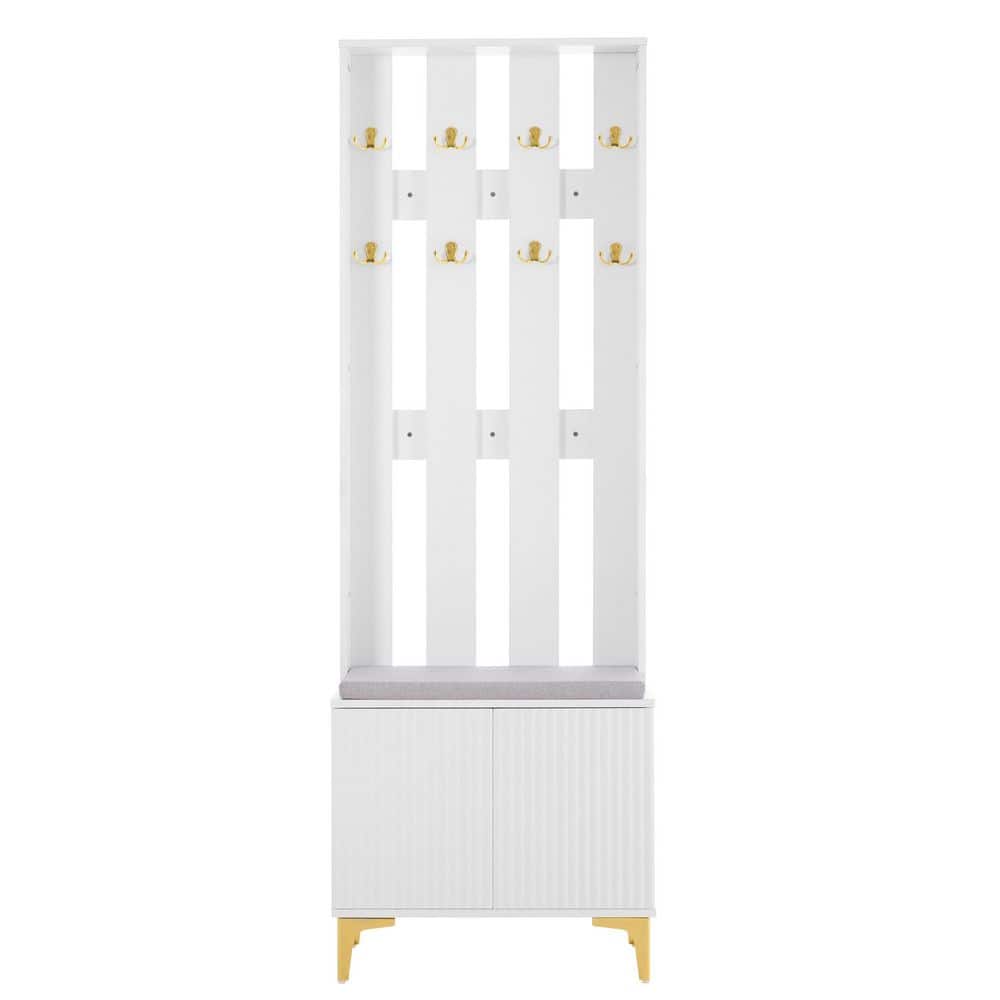 23.6 in. W x 13.7 in. D x 70.8 in. H White Wood Hall Tree with Cushion and 
