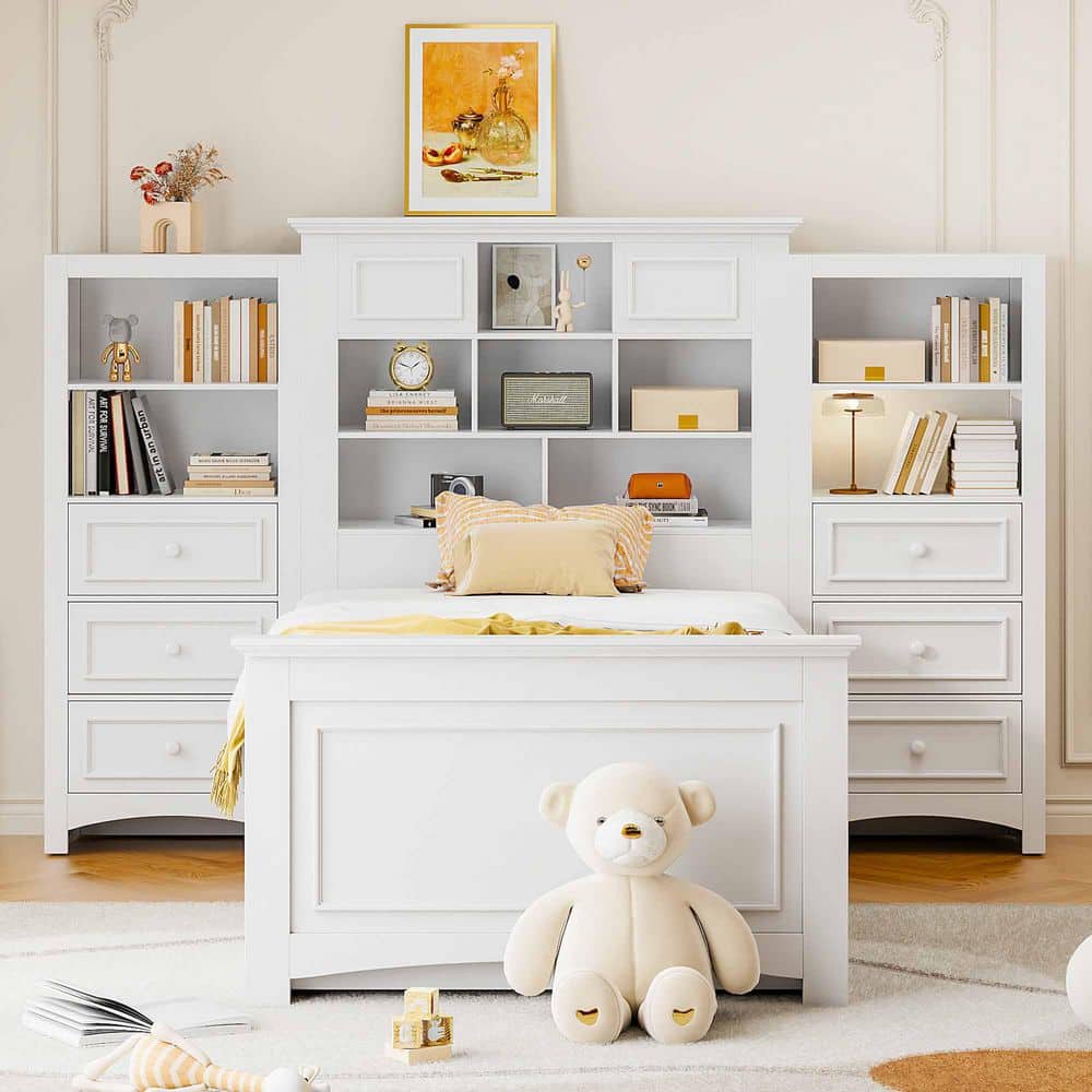 White Wood Frame Twin Size Platform Bed with Vertical All-in-One Cabinet and 4 Drawers