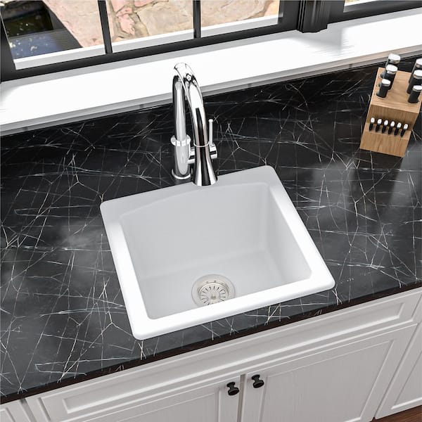 Quartz/Granite Composite 18 in. Single Bowl Drop-in or Undermount Kitchen Sink in White