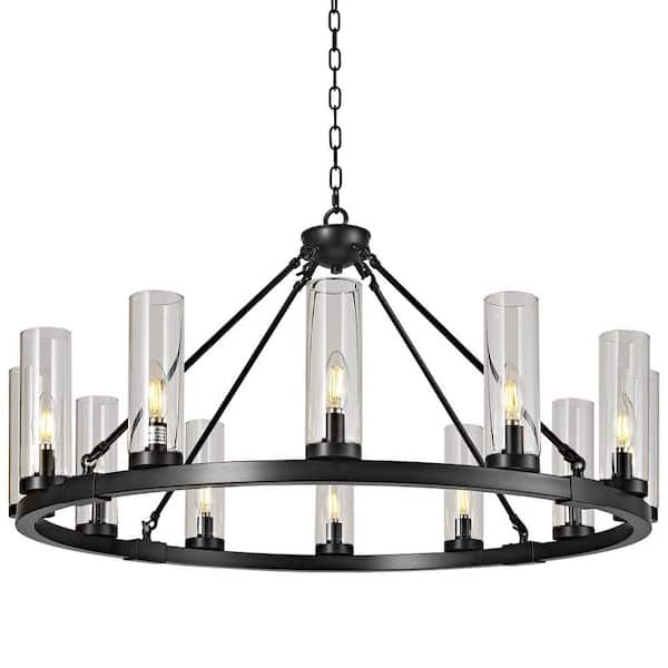 Home Lighting 35. 43in. 12-Light Black-12Light Round Wheel Chandeliers Pendant Light for Stair Living Room