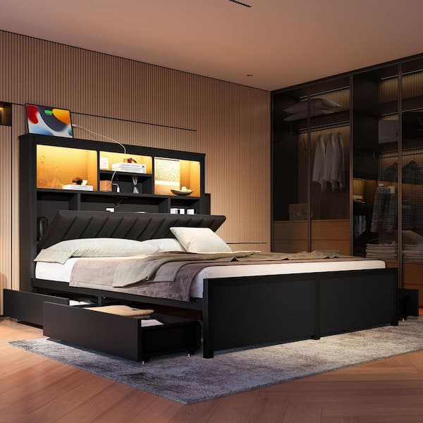 Black Metal Frame King Platform Bed with USB Charging Station, Bed Frame with High Storage Headboard, 4-Storage Drawers