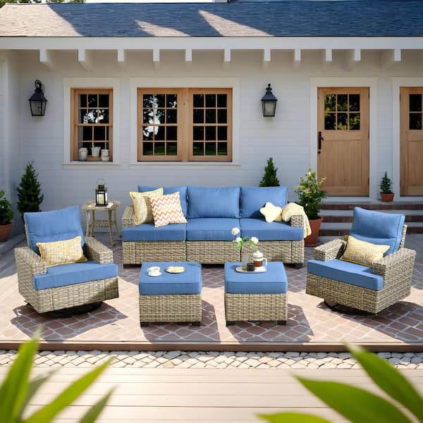 HOOOWOOO Kelleys 8-Piece Wicker Modern Outdoor Patio Conversation Sofa Set with Swivel Chairs and Sky-Blue Cushions