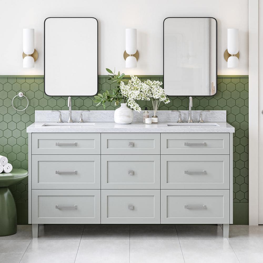 Monroe 67" Light Gray Wood Double Sink Vanity with Carrara Marble Top