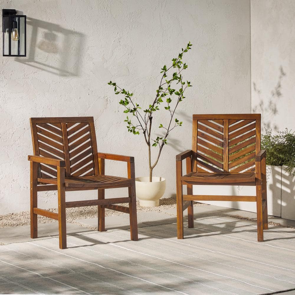 Set of 2 Brown Chevron Slatted Acacia Wood Patio Chairs