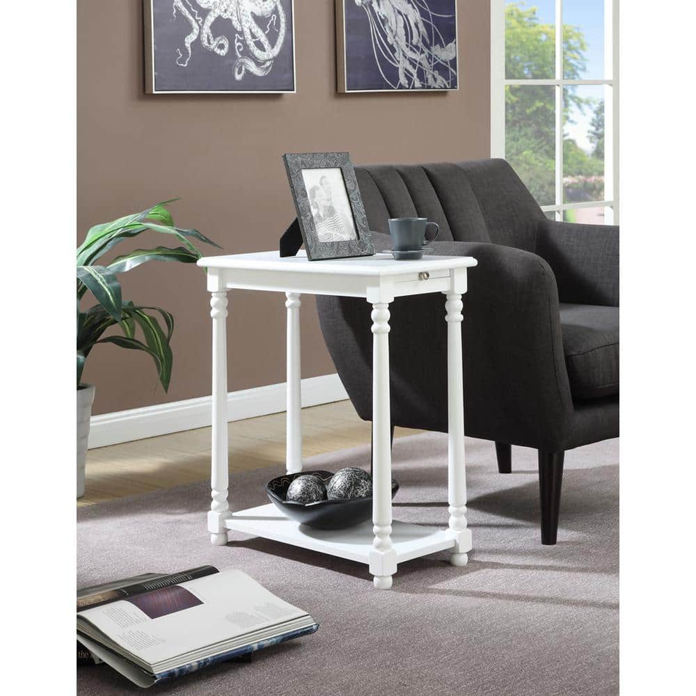 White Wood French Country End Table with Pull Out Tray