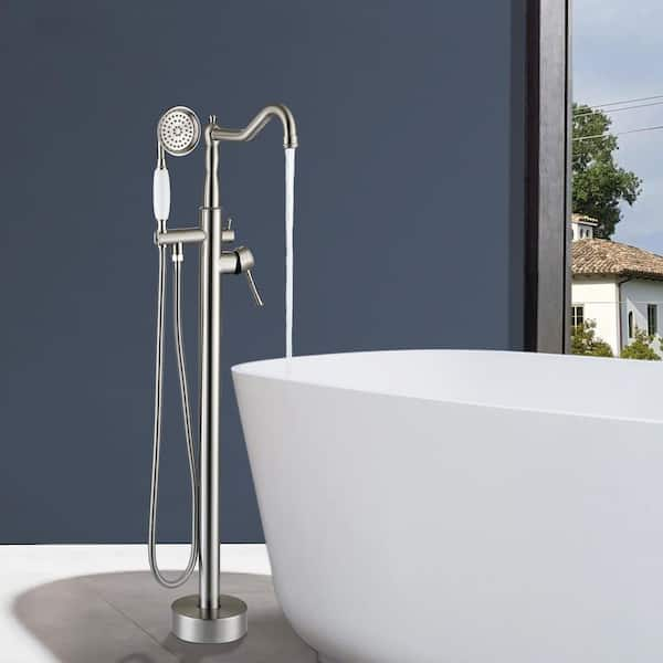 1-Handle Freestanding Floor Mount Tub Faucet Bathtub Filler with Hand Shower in Brushed Nickel