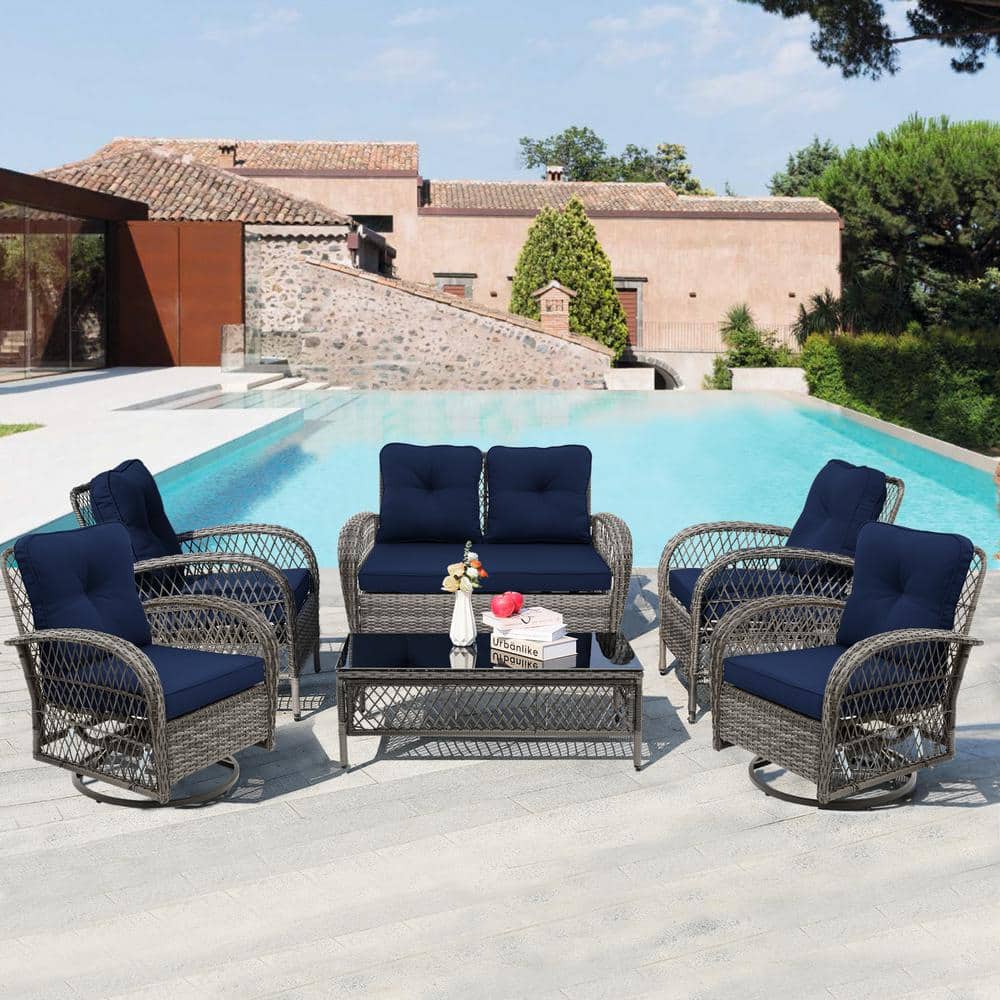 6-Piece Wicker Patio Conversation Set Deep Seating Chair Set with Swivel Rocking Chairs and Navy Blue Cushions price history on PriceWatchPro
